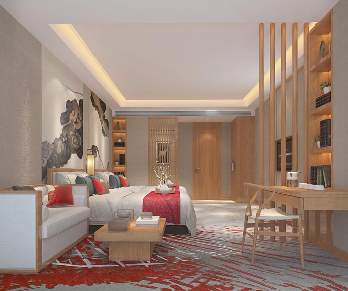 新中式主題酒店雙人客房裝修設計案例效果圖