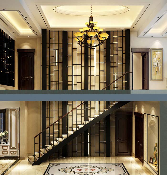 水印城現代新古典別墅樓梯區域裝修設計案例效果圖